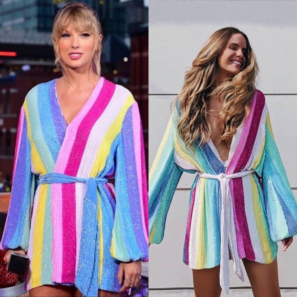 Retrofete Gabrielle NWT Robe Wrap Dress Unicorn Stripe Rainbow Sequin - Picture 6 of 12